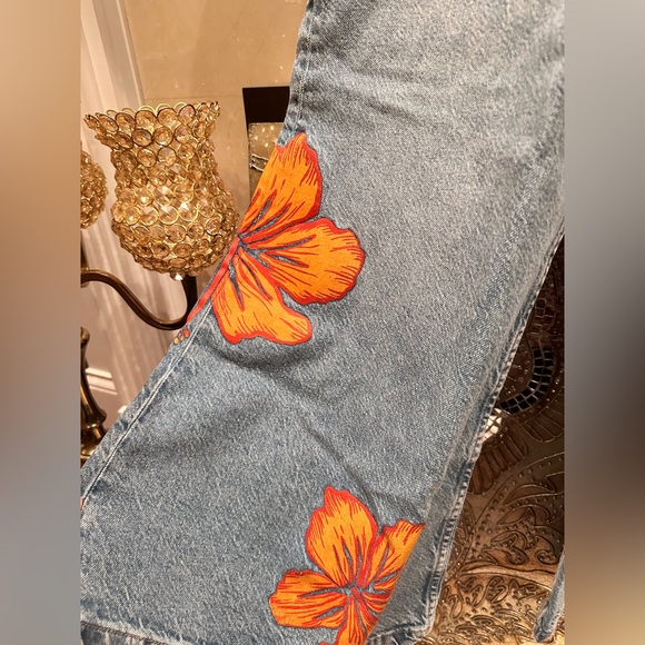 Free People Blue Flare Jeans with Orange Floral Design🌟 - Picture 10 of 10